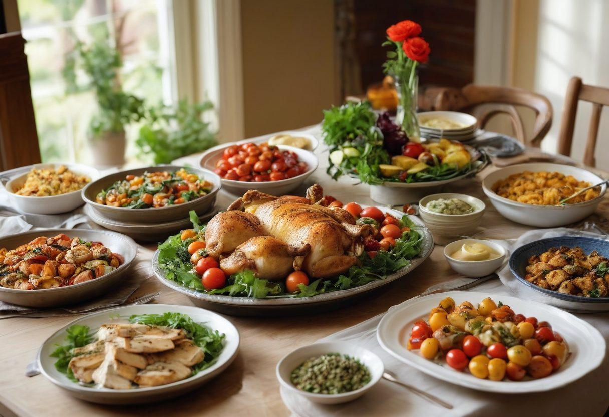 A beautifully arranged table featuring a variety of chicken dishes, including a gourmet platter with herbs and spices, a casual family-style chicken casserole, and a simple grilled chicken salad. Surround the dishes with fresh ingredients like vegetables and spices, showcasing versatility. Soft warm lighting to create an inviting atmosphere, highlighting the difference between gourmet and everyday meals. super-realistic. warm colors. elegant dining setting.