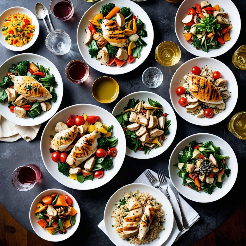 A beautifully arranged dinner table featuring a variety of quick and easy chicken dishes, such as grilled chicken with herbs, a stir-fry with colorful vegetables, and a comforting chicken salad. Include a cozy ambiance with warm lighting and a few kitchen utensils in the background to evoke a homey feel. Enhance the vibrant colors of the food and showcase appetizing textures. super-realistic. vibrant colors. warm lighting.