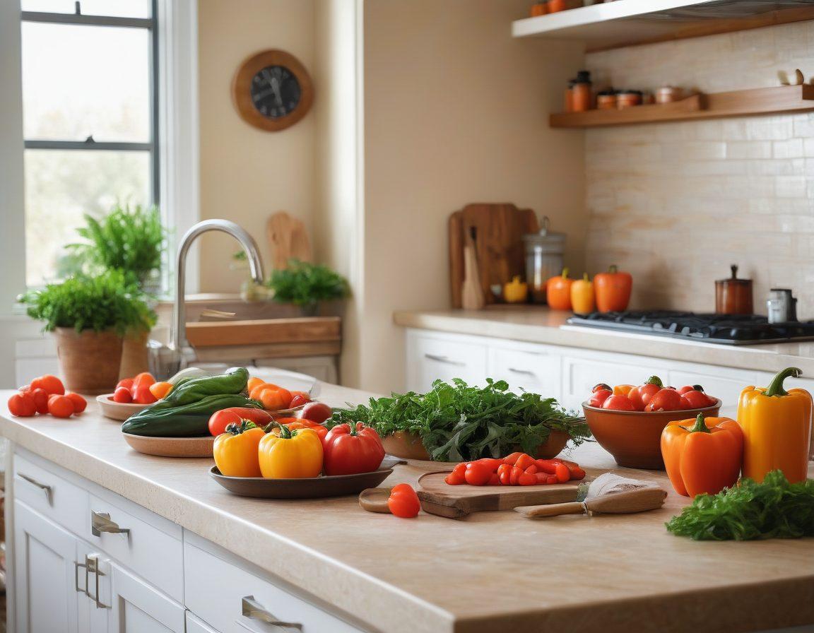 A cozy kitchen scene with a family preparing quick, colorful meals together. Vibrant vegetables and spices scattered around, timer ticking in the background, and a notepad filled with easy recipes. Warm lighting creating an inviting atmosphere, embodying a sense of togetherness and efficiency. super-realistic. warm colors. bright kitchen setting.